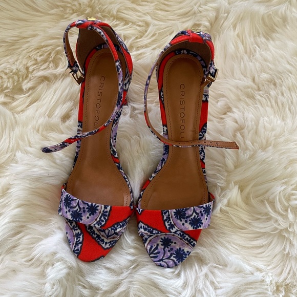 Blue/Red/White Floral Print Satin sandals. - Picture 3 of 8